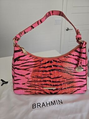 Brahmin Esme Pink Feline Croc Embossed Leather Shoulder Bag